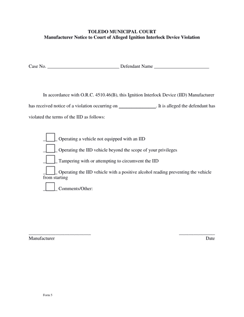 Form 5 Manufacturer Notice to Court of Alleged Ignition Interlock Device Violation - City of Toledo, Ohio