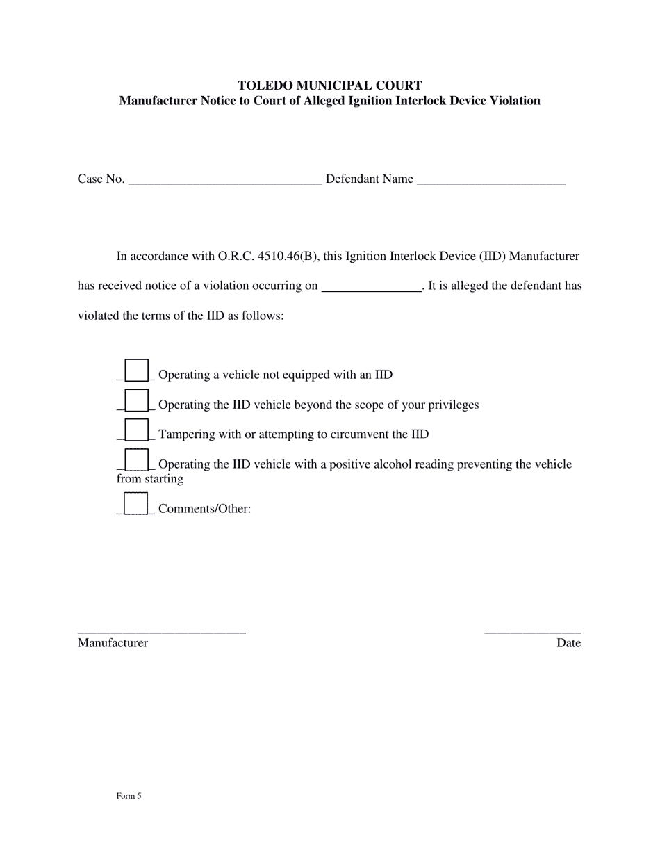 Form 5 Manufacturer Notice to Court of Alleged Ignition Interlock Device Violation - City of Toledo, Ohio, Page 1
