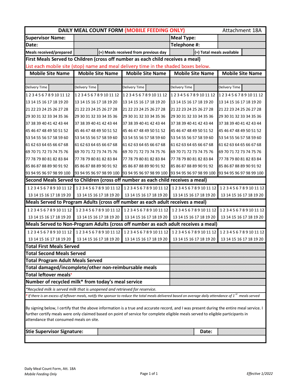 Attachment 18A Daily Meal Count Form (Mobile Feeding Only) - Georgia (United States), Page 1