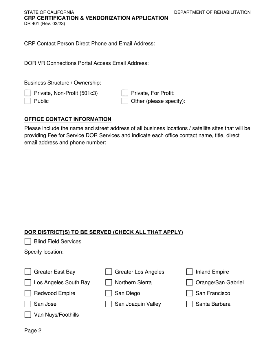 Form DR401 Crp Certification  Vendorization Application - California, Page 2