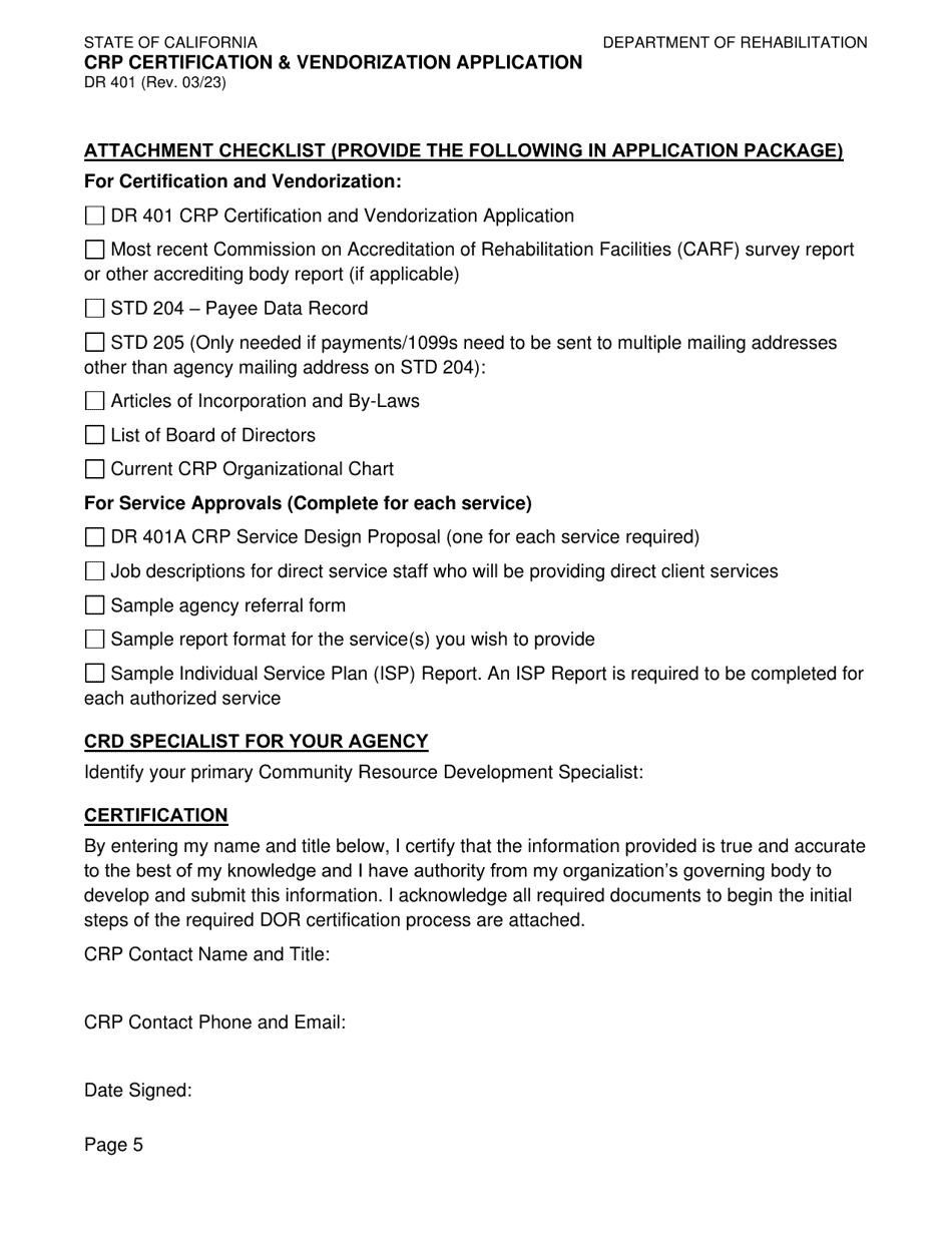 Form DR401 Crp Certification  Vendorization Application - California, Page 5