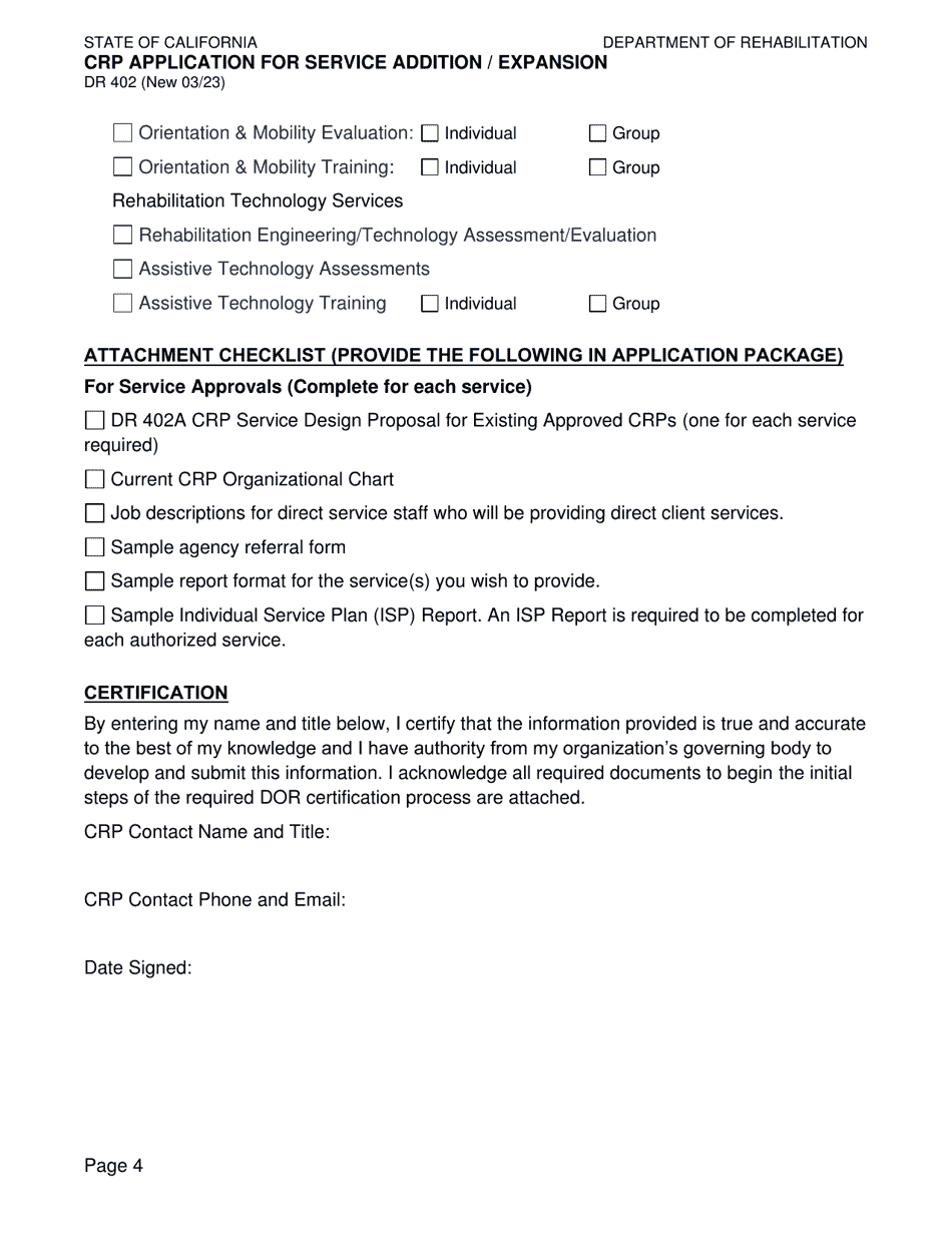 Form DR402 Crp Application for Service Addition / Expansion - California, Page 4