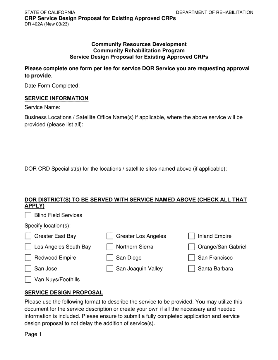 Form DR402A Crp Service Design Proposal for Existing Approved Crps - California, Page 1