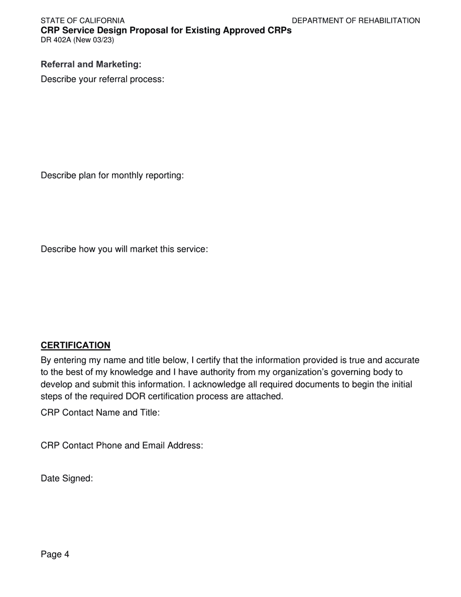 Form DR402A Crp Service Design Proposal for Existing Approved Crps - California, Page 4