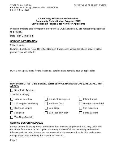 Form DR401A Crp Service Design Proposal for New Crps - California