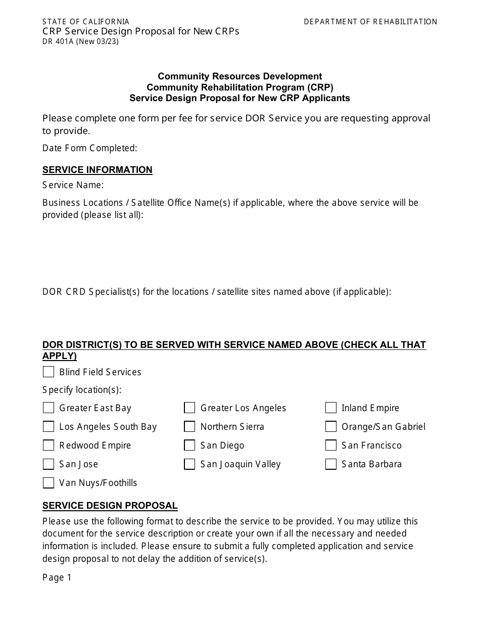 Form DR401A Crp Service Design Proposal for New Crps - California, Page 1