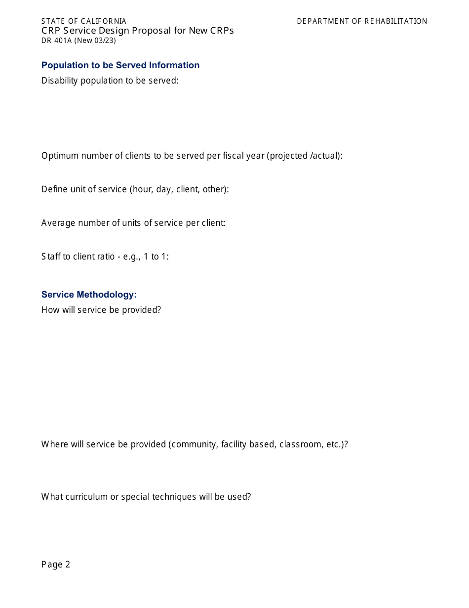 Form DR401A Crp Service Design Proposal for New Crps - California, Page 2