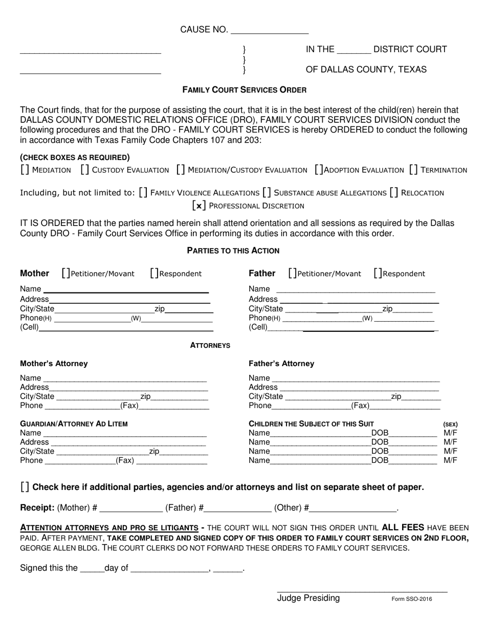 Form SSO-2016 Family Court Services Order - Dallas County, Texas, Page 1