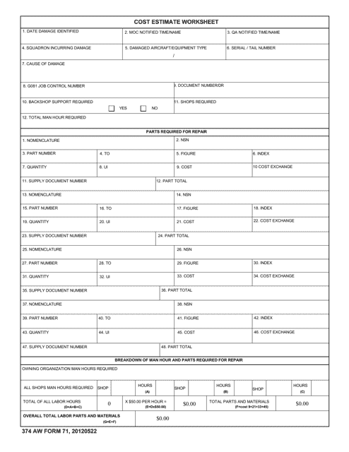 374 AW Form 71 Cost Estimate Worksheet
