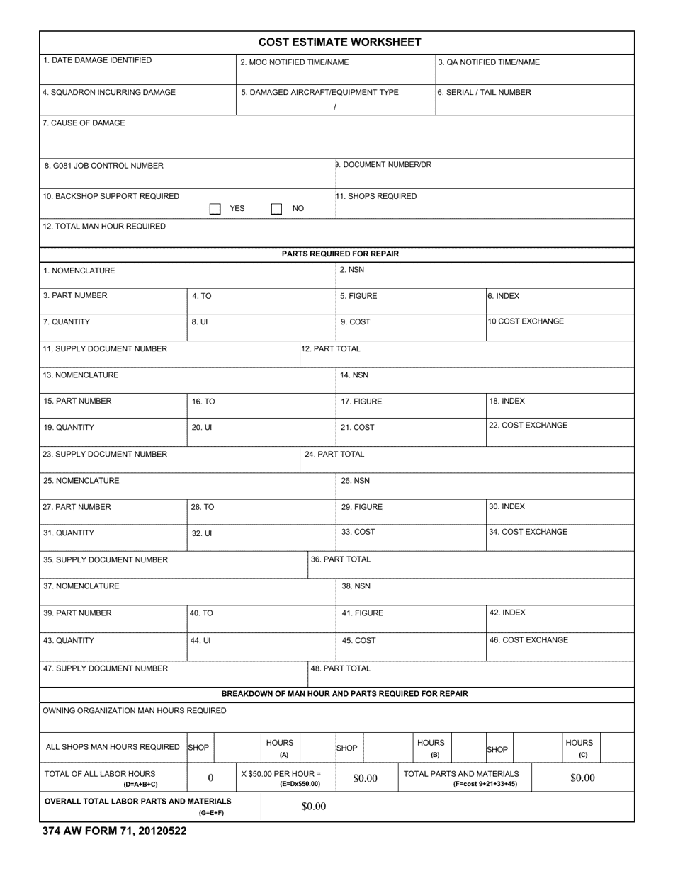374 AW Form 71 Cost Estimate Worksheet, Page 1