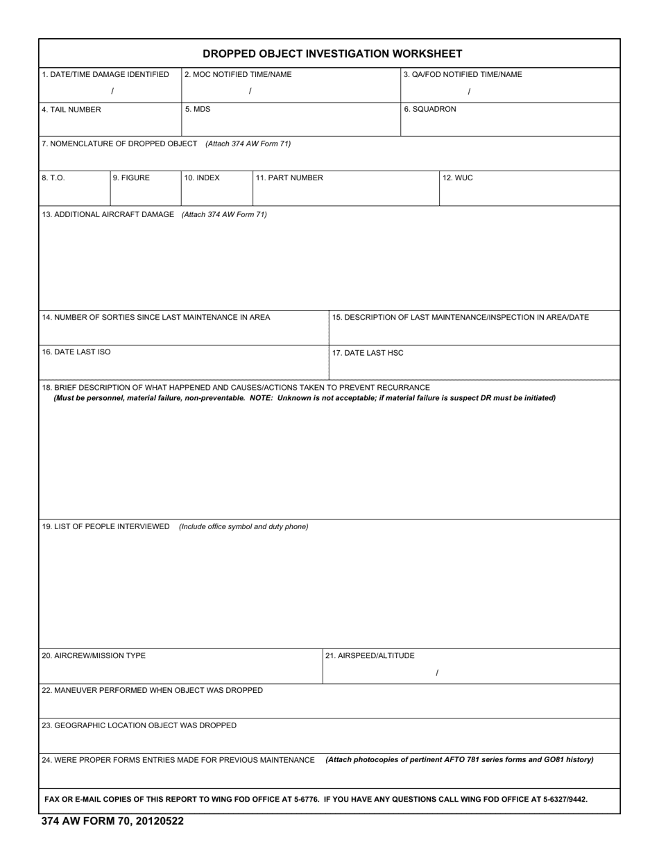 374 AW Form 70 Dropped Object Investigation Worksheet, Page 1