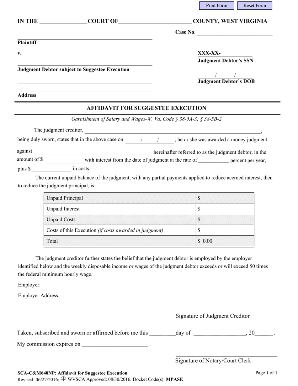 Form SCA-CM640NP Affidavit for Suggestee Execution - West Virginia, Page 1