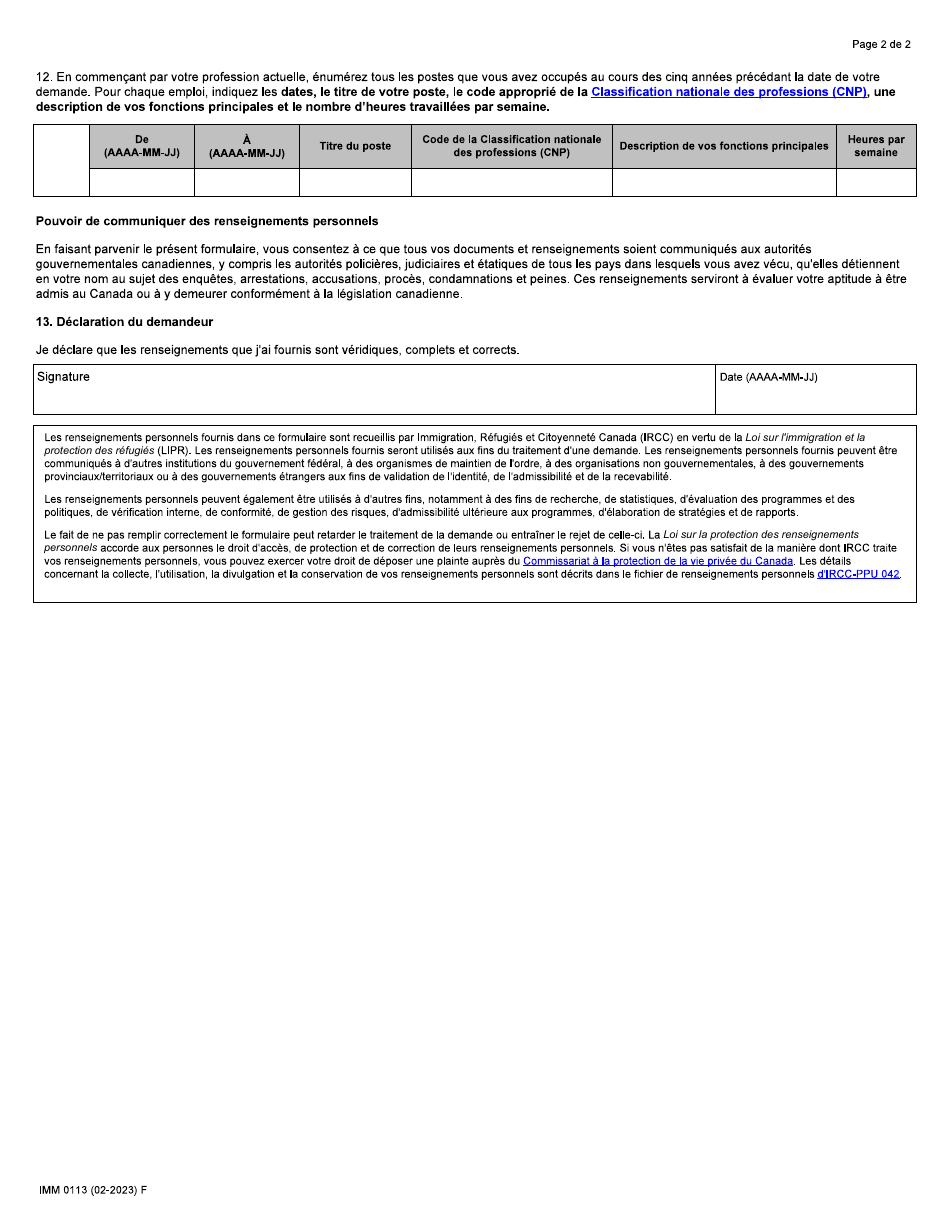 Forme IMM0113 Appendice 1 Politique Dinteret Public Temporaire Subsequente Pour Continuer a Faciliter Lacces a La Residence Permanente Pour Les Travailleurs De La Construction Sans Statut Dans La Region Du Grand Toronto (Rgt) - Canada (French), Page 2