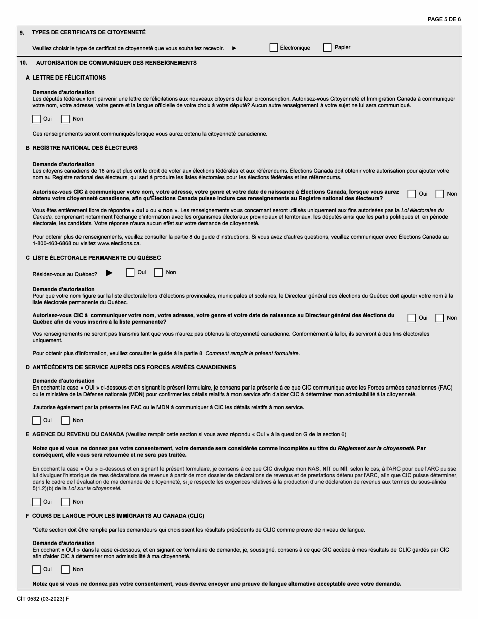 Forme CIT0532 Demande De Citoyennete Canadienne - Adultes - Forces Armees Canadiennes En Vertu Du Paragraphe 5(1) - Canada (French), Page 5