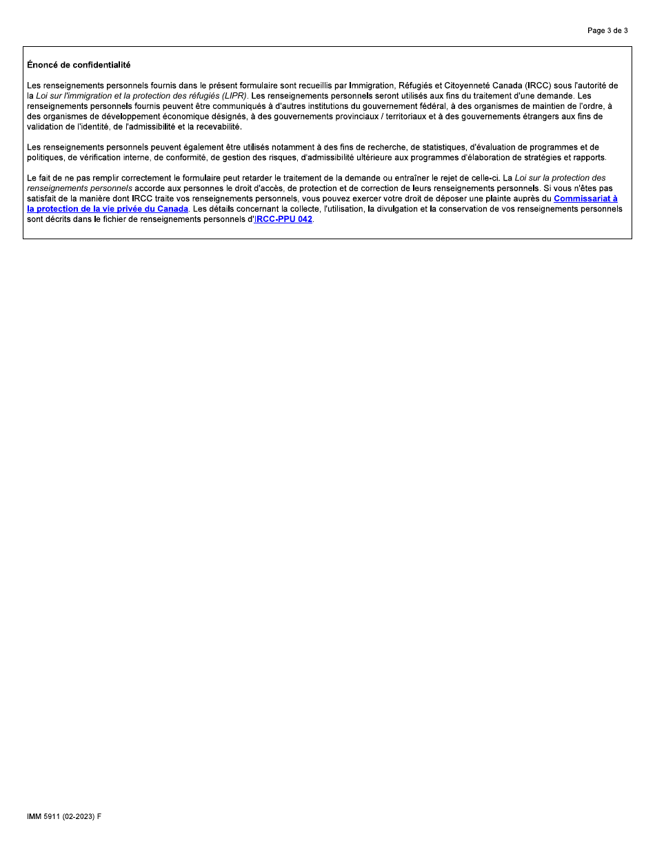 Forme IMM5911 Appendice 1 Programme Pilote Dimmigration Dans Les Communautes Rurales Et Du Nord - Canada (French), Page 3