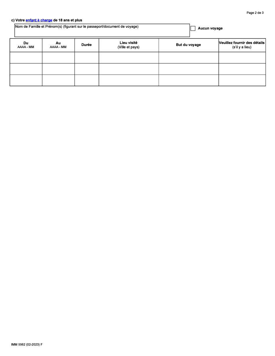Forme IMM5562 Renseignements Supplementaires - Liste DES Voyages - Canada (French), Page 2