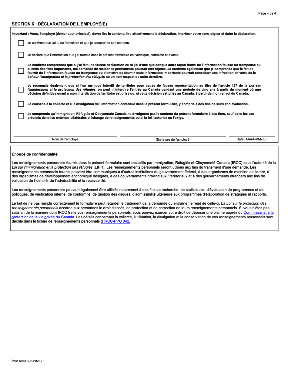 Forme IMM5984 Offre Demploi a Un Ressortissant Etranger Programme Pilote Dimmigration Dans Les Communautes Rurales Et Du Nord - Canada (French), Page 4