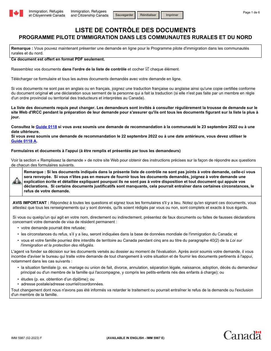 Forme IMM5987 Liste De Controle DES Documents - Programme Pilote Dimmigration Dans Les Communautes Rurales Et Du Nord - Canada (French), Page 1