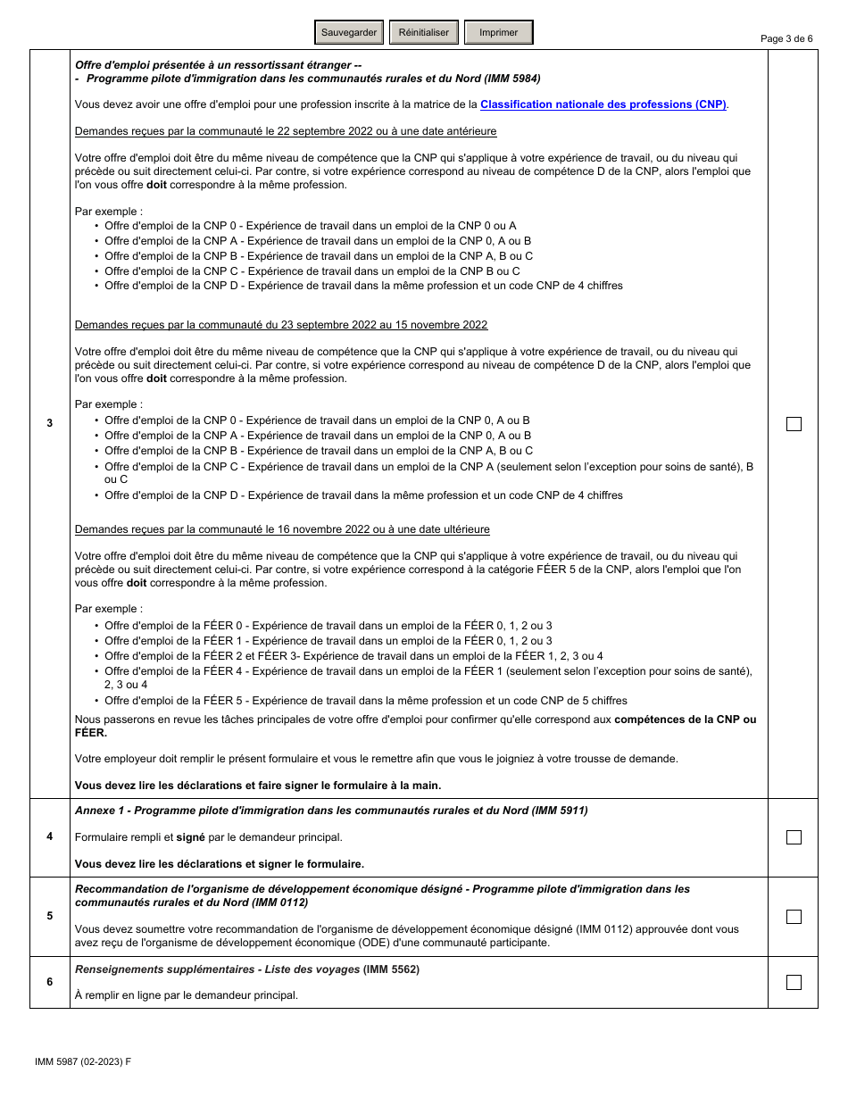 Forme IMM5987 Liste De Controle DES Documents - Programme Pilote Dimmigration Dans Les Communautes Rurales Et Du Nord - Canada (French), Page 3