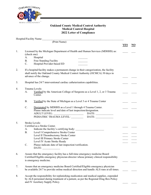 Medical Control Hospital Letter of Compliance - Oakland County, Michigan Download Pdf