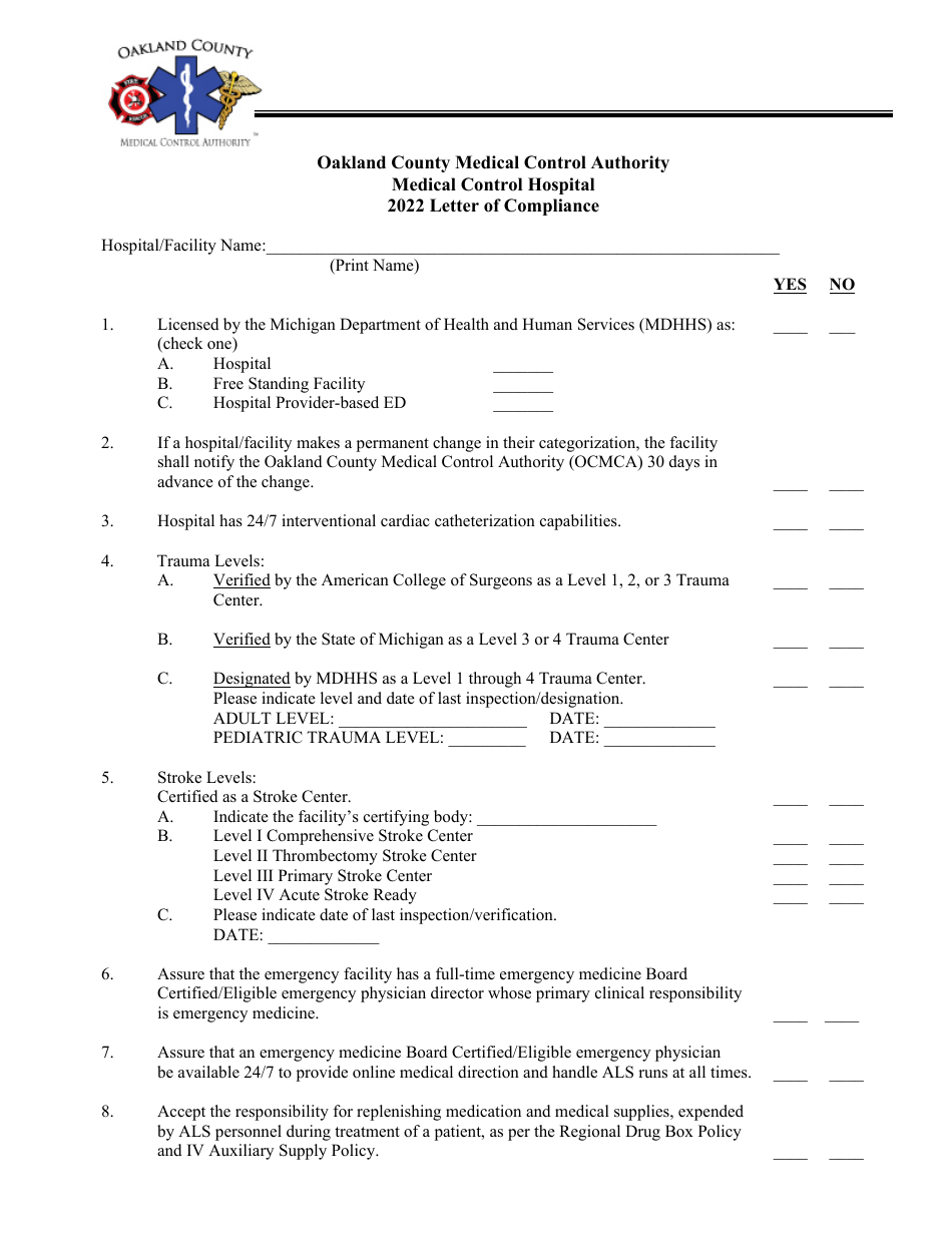 Medical Control Hospital Letter of Compliance - Oakland County, Michigan, Page 1