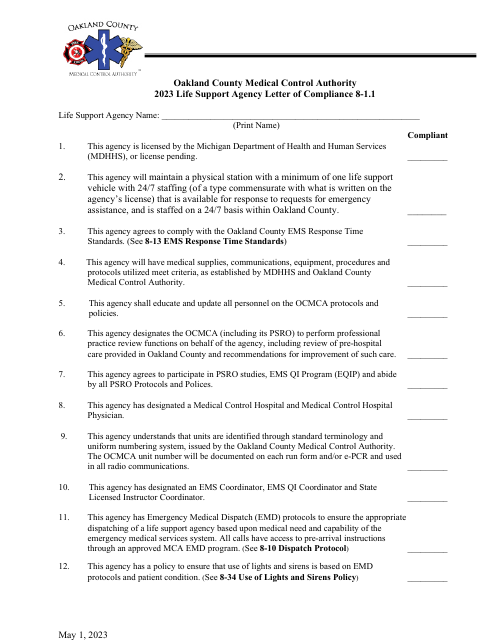 Life Support Agency Letter of Compliance 8-1.1 - Oakland County, Michigan Download Pdf