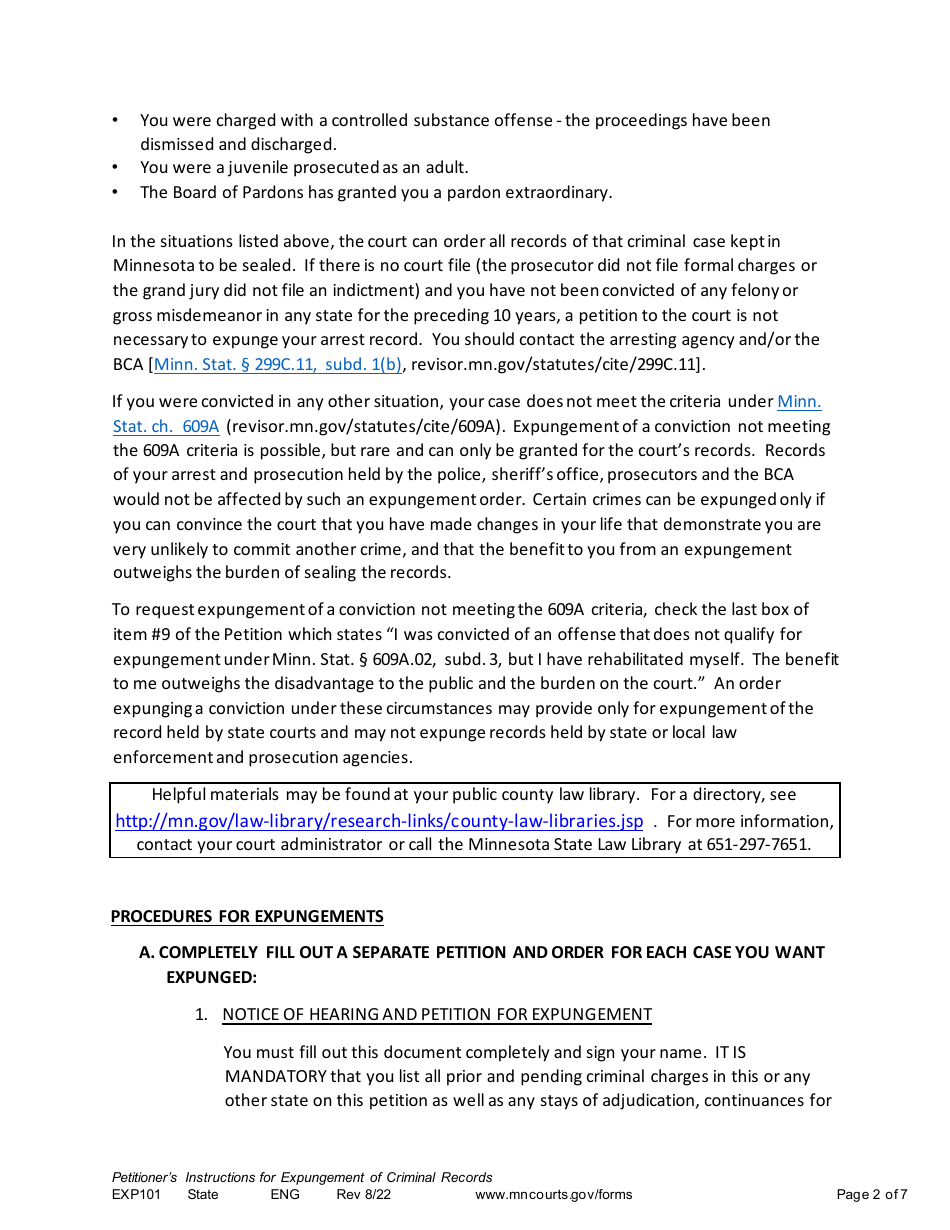 Form EXP101 Petitioners Instructions for Expungement (Sealing) of Criminal Records - Minnesota, Page 2