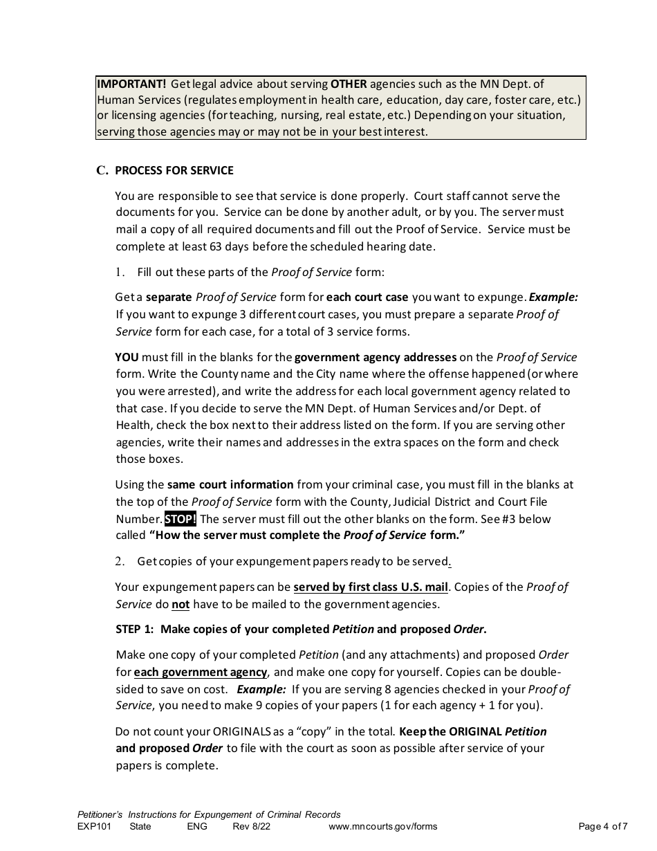 Form EXP101 Petitioners Instructions for Expungement (Sealing) of Criminal Records - Minnesota, Page 4