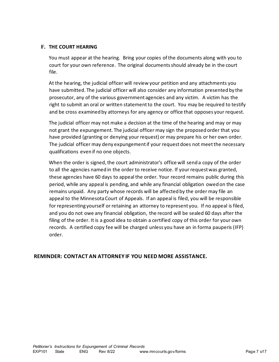 Form EXP101 Petitioners Instructions for Expungement (Sealing) of Criminal Records - Minnesota, Page 7