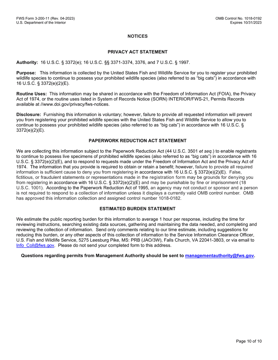 FWS Form 3-200-11 Big Cat Public Safety Act Registration Form, Page 10
