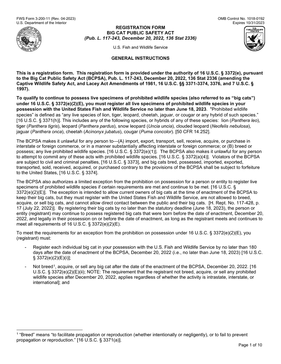 FWS Form 3-200-11 Big Cat Public Safety Act Registration Form, Page 1