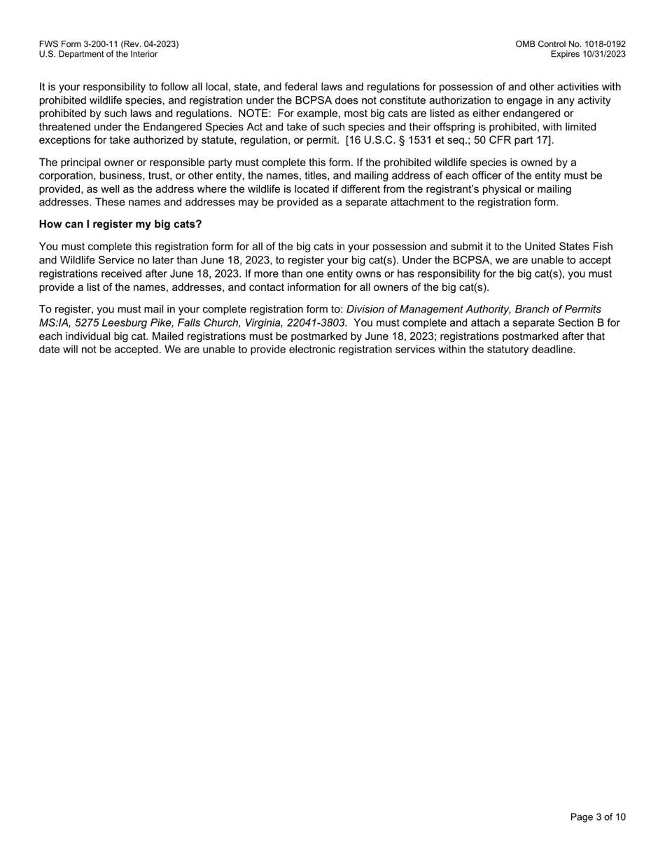 FWS Form 3-200-11 Big Cat Public Safety Act Registration Form, Page 3