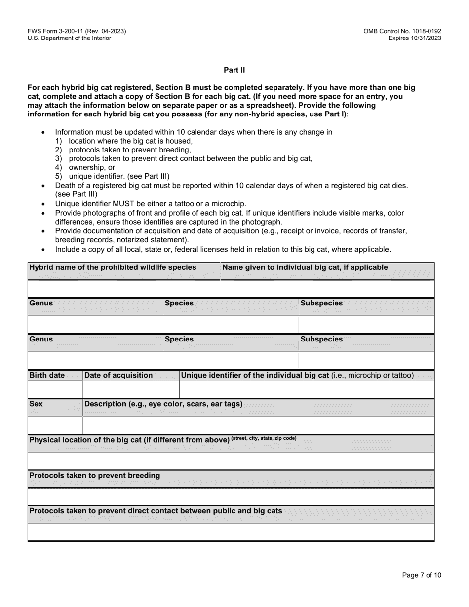FWS Form 3-200-11 Big Cat Public Safety Act Registration Form, Page 7