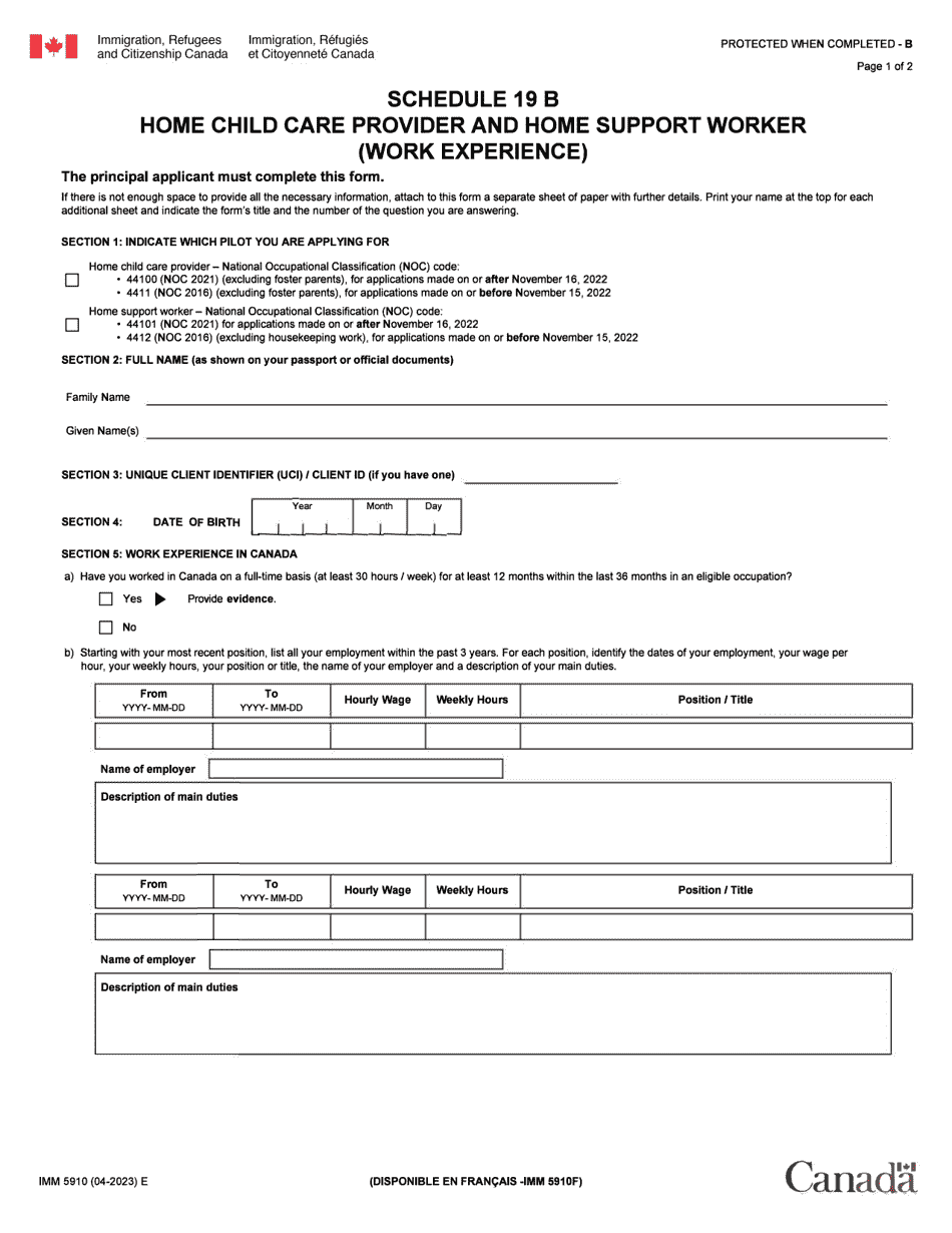 Form IMM5910 Schedule 19 B Home Child Care Provider Pilot and Home Support Worker (Work Experience) - Canada, Page 1