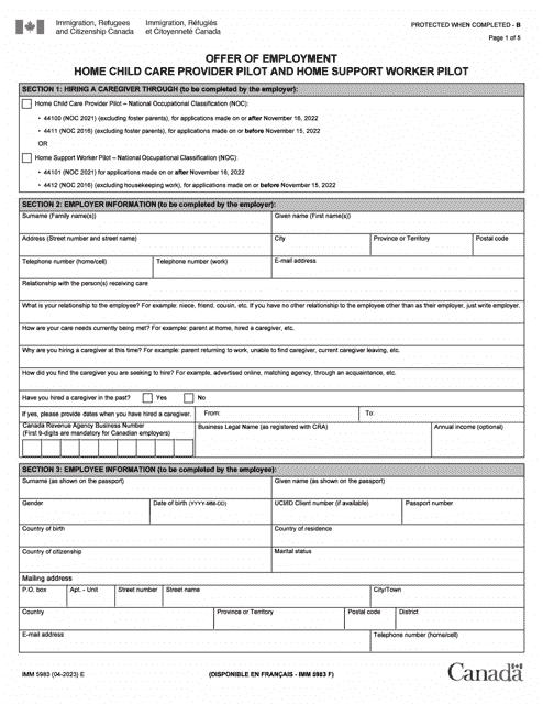 Form IMM5983 Offer of Employment Home Child Care Provider and Home Support Worker Pilot - Canada