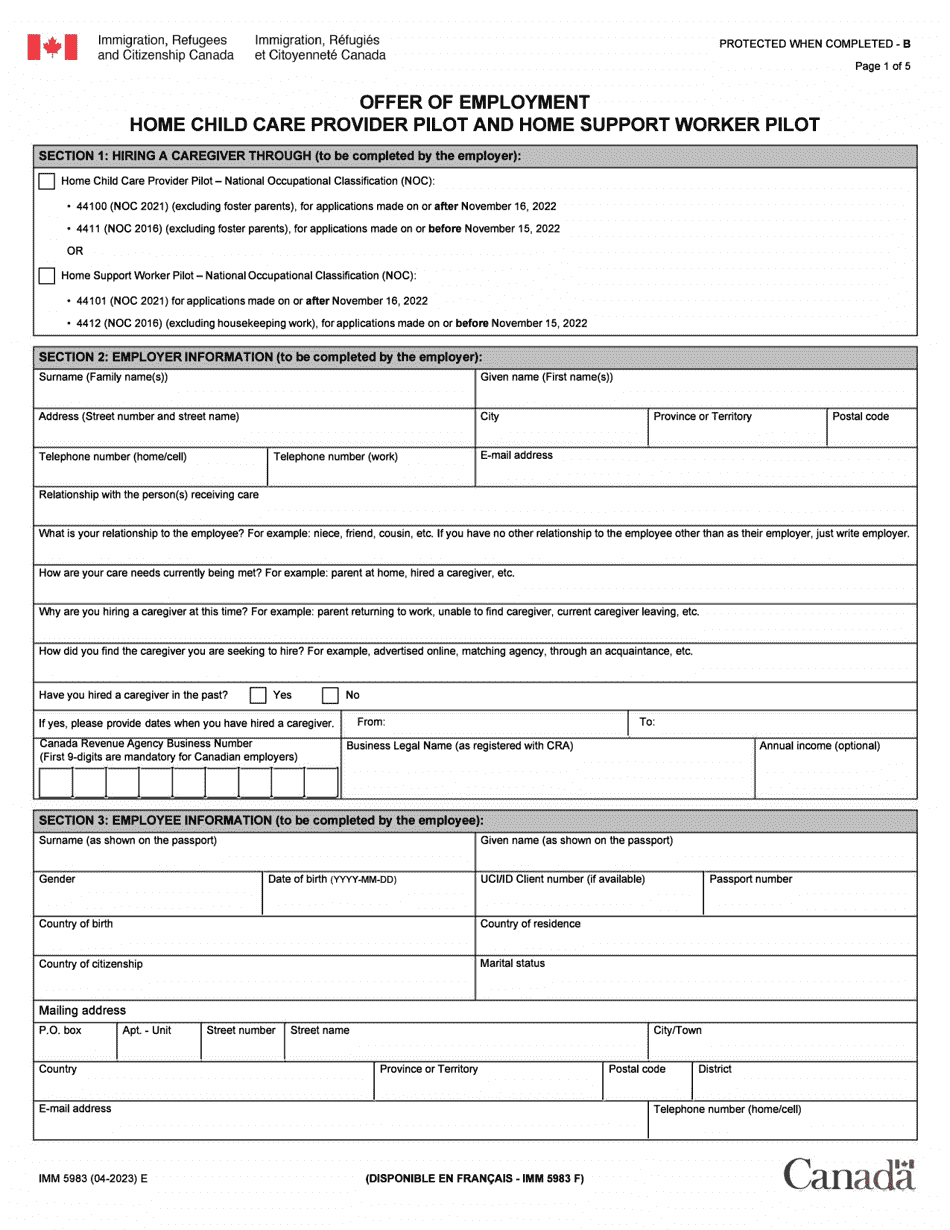 Form IMM5983 Offer of Employment Home Child Care Provider and Home Support Worker Pilot - Canada, Page 1