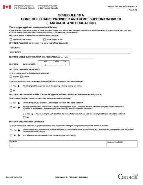 Form IMM5982 Schedule 19A Home Child Care Privider and Home Supprt Worker (Language and Education) - Canada