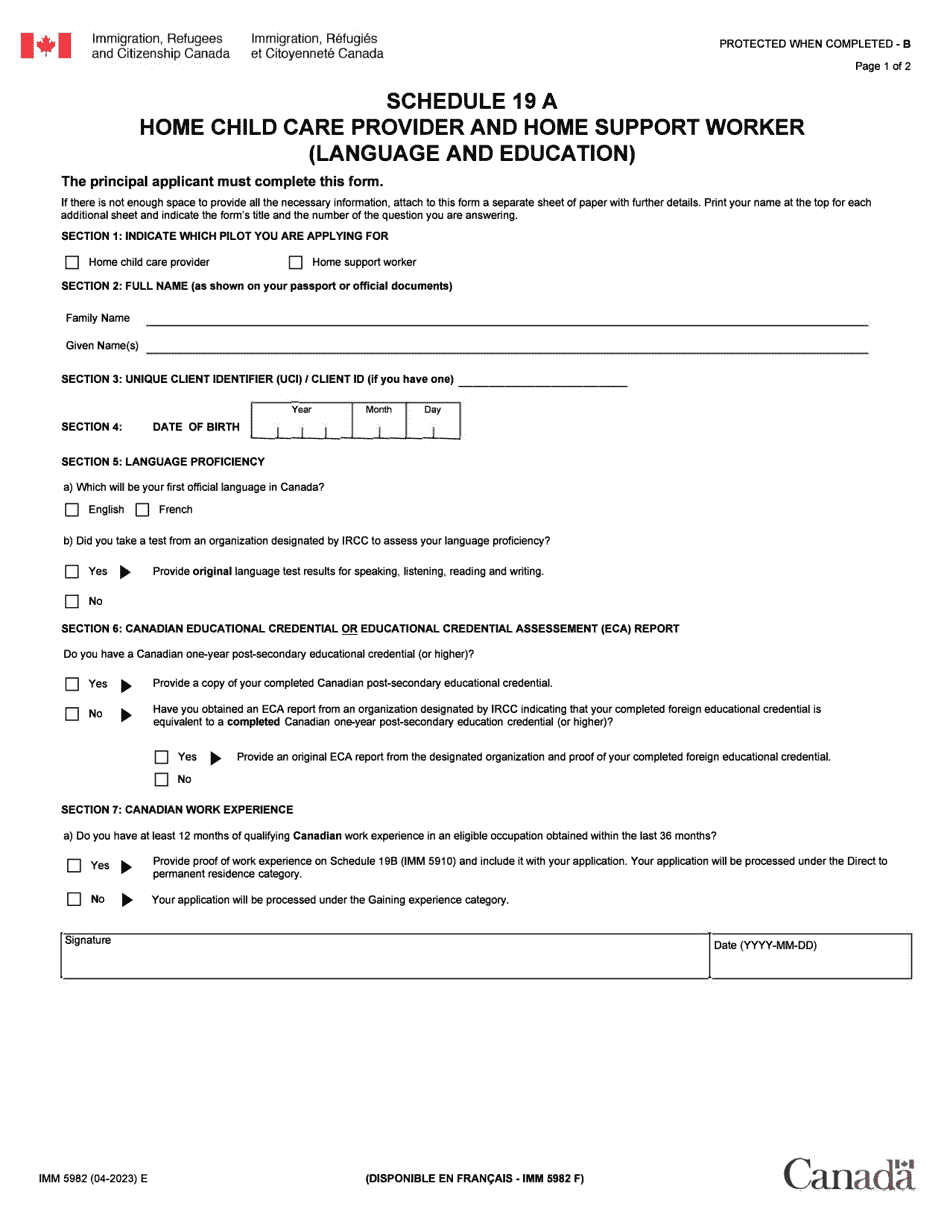 Form IMM5982 Schedule 19A Home Child Care Privider and Home Supprt Worker (Language and Education) - Canada, Page 1