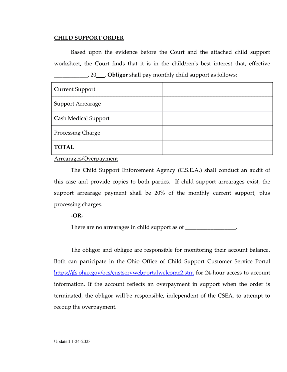 Child Support Order - Warren County, Ohio, Page 1