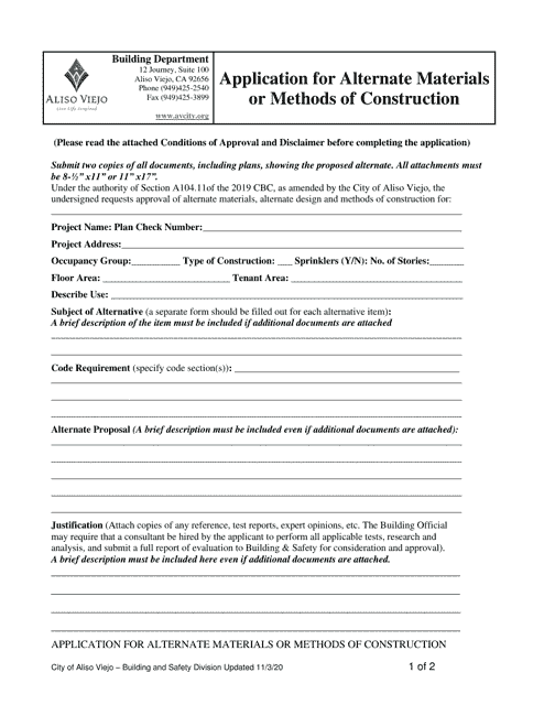 Application for Alternate Materials or Methods of Construction - City of Aliso Viejo, California Download Pdf