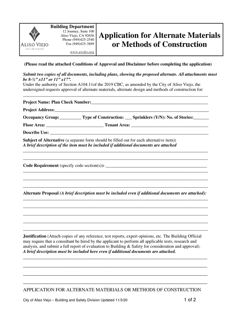 Application for Alternate Materials or Methods of Construction - City of Aliso Viejo, California, Page 1