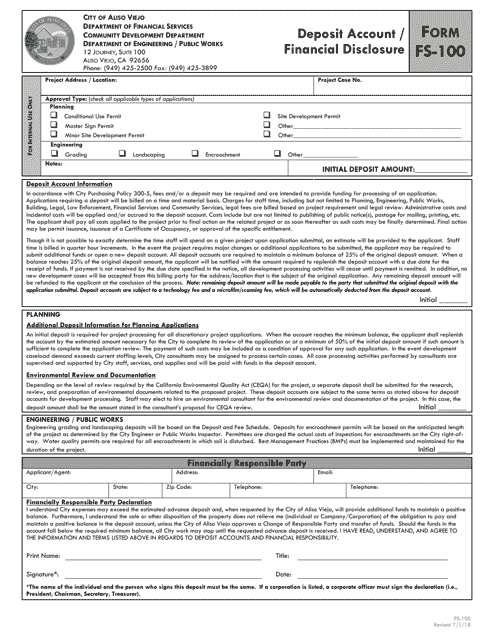 Form FS-100 Deposit Account/Financial Disclosure - City of Aliso Viejo, California