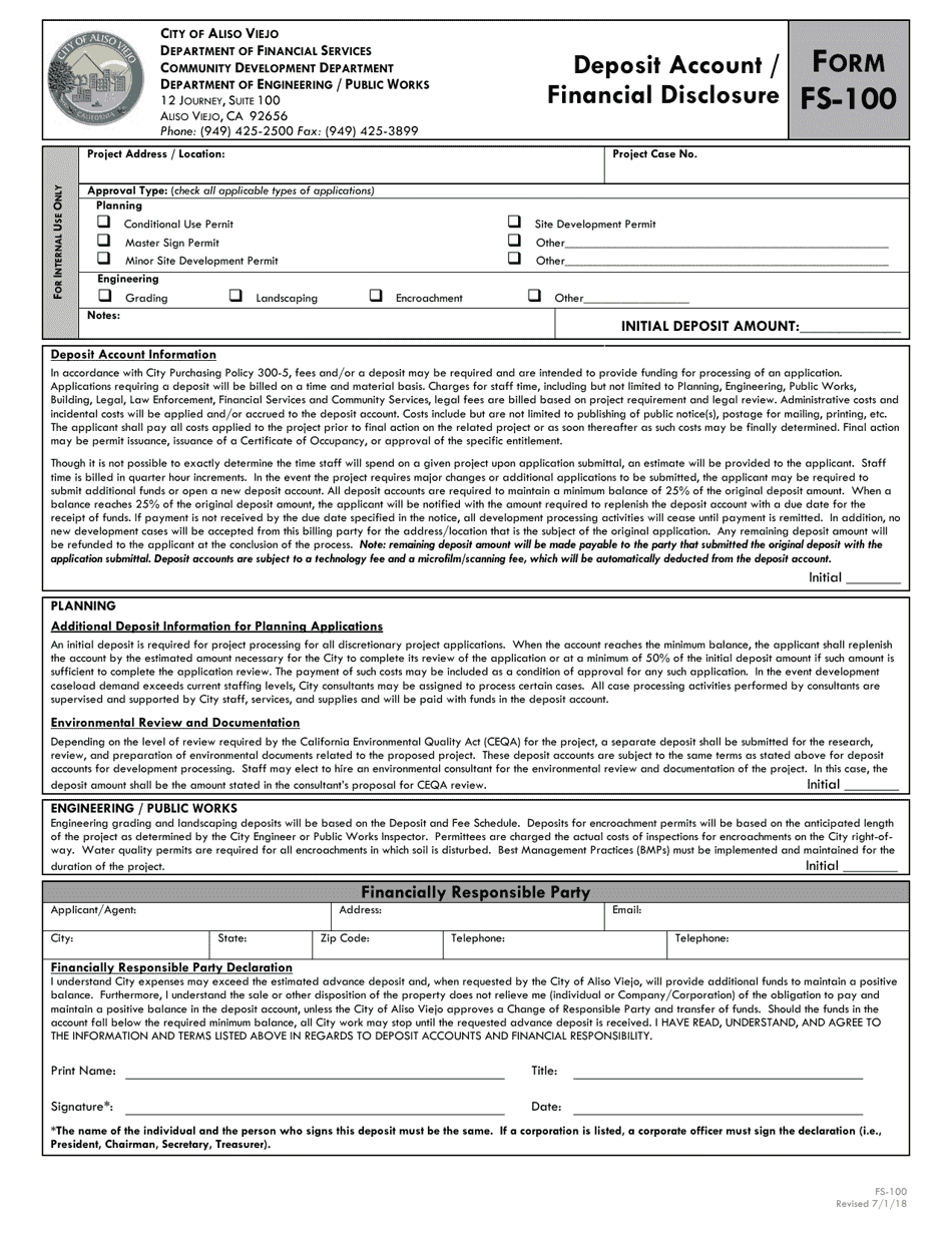 Form FS-100 Deposit Account / Financial Disclosure - City of Aliso Viejo, California, Page 1