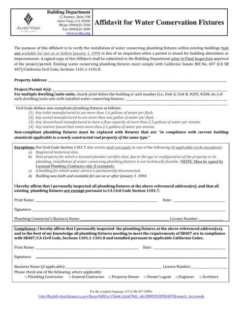 Affidavit for Water Conservation Fixtures - City of Aliso Viejo, California Download Pdf