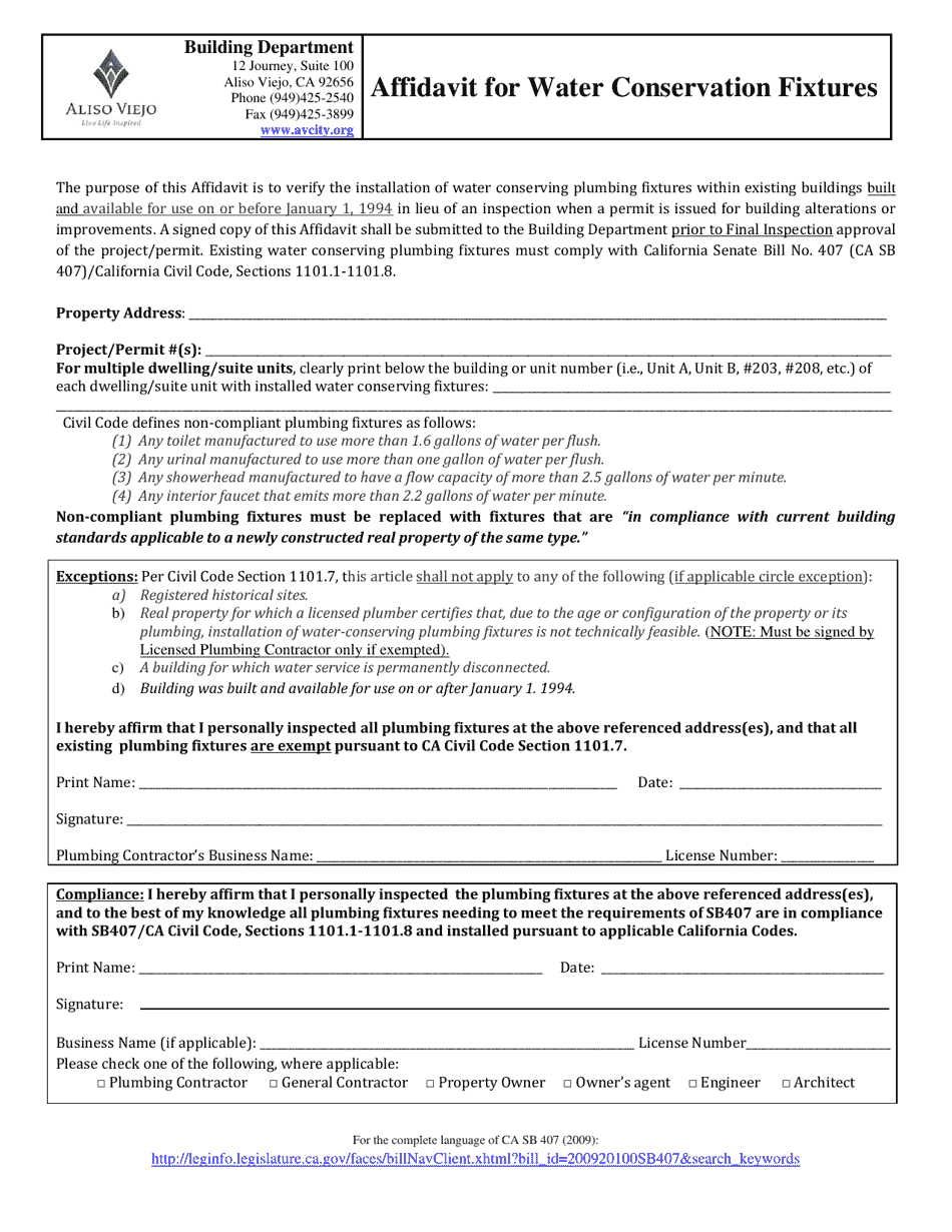 Affidavit for Water Conservation Fixtures - City of Aliso Viejo, California, Page 1