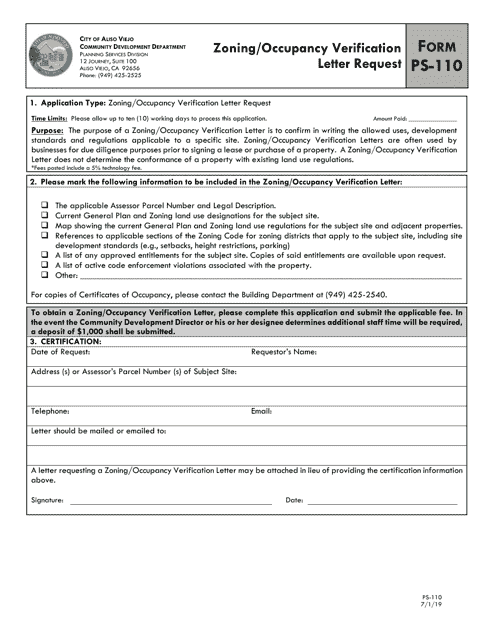 Form PS-110 Zoning/Occupancy Verification Letter Request - City of Aliso Viejo, California