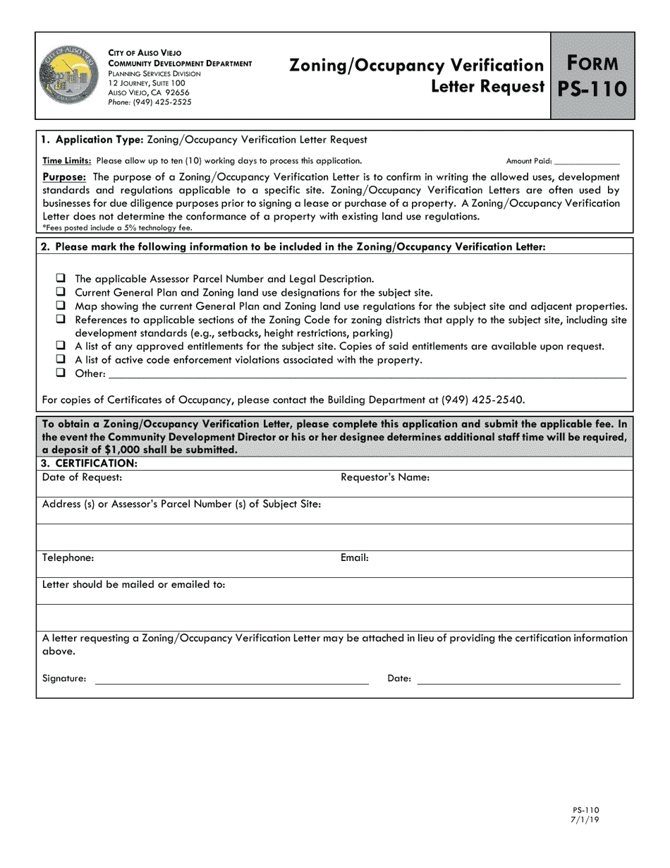 Form PS110 Fill Out, Sign Online and Download Printable PDF, City of