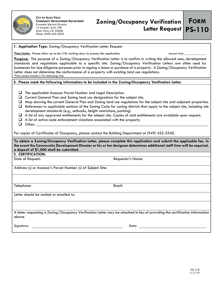 Form PS-110 Zoning / Occupancy Verification Letter Request - City of Aliso Viejo, California, Page 1
