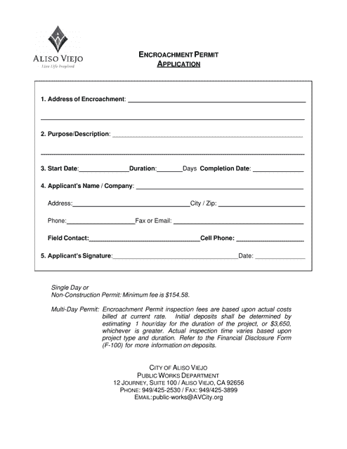 Encroachment Permit Application - City of Aliso Viejo, California
