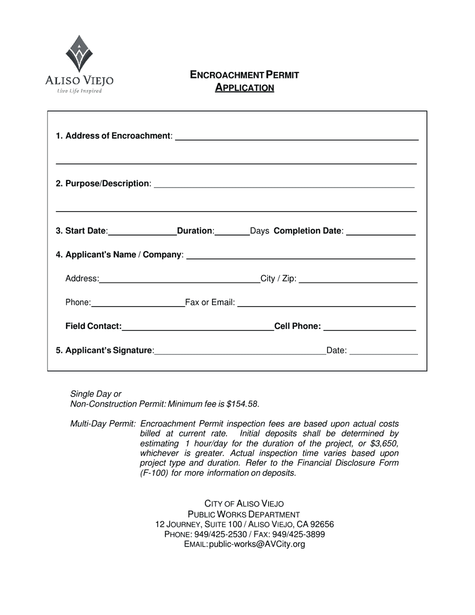 Encroachment Permit Application - City of Aliso Viejo, California, Page 1